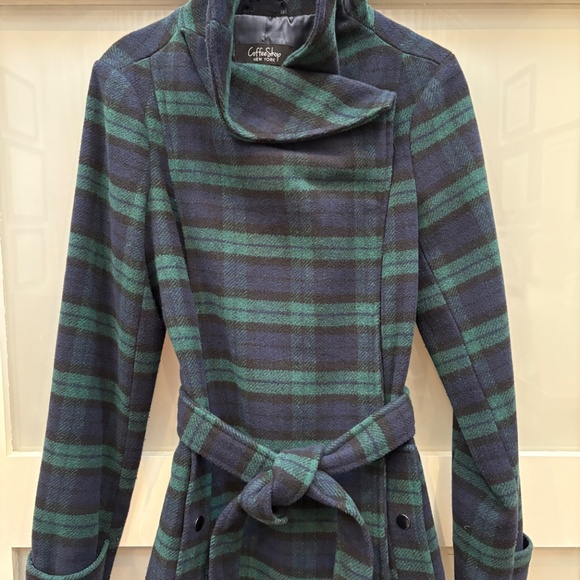 XS CoffeeShop Blue and Green Plaid Tartan Jacket with Belt - Picture 5 of 5